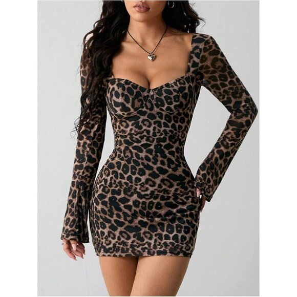 Women's Brown Y2K Long Sleeve Bodycon Leopard Print Mini Dress - Picture 4 of 5